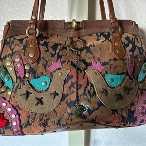 Vtg Oilily shoulder bag Vegan brass hardware appliqué birds - studs & charms